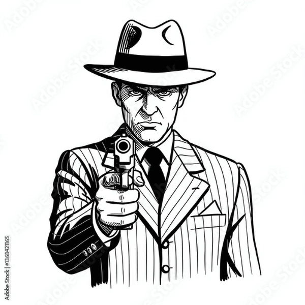 Fototapeta Man with a Gun: A strong and determined figure, the man stands centered, weapon aimed directly. The black and white image creates an atmosphere of danger.
