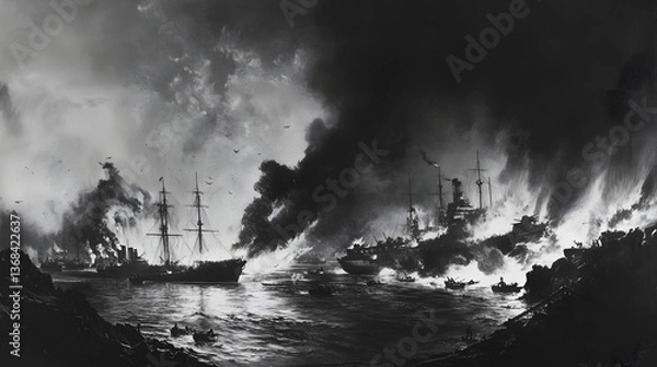 Fototapeta Dramatic black and white landscape, swirling clouds and light interplay over a serene horizon, ideal for artistic projects.