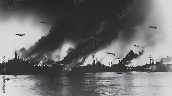 Fototapeta Dramatic scene of smoke rising from a shipwreck, chaotic maritime disaster with dark clouds, evokes tension and uncertainty.