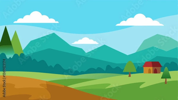 Fototapeta Beautiful landscape vector illustration of mountains, forests, fields and meadows. Stunning panoramic farm landscape with mountains in the background. Natural landscape