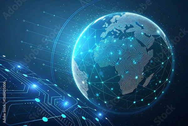 Fototapeta Futuristic Digital Earth with Glowing Circuit Board and Global Connectivity