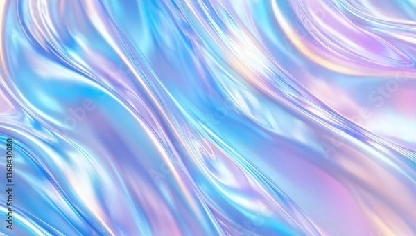 Fototapeta Abstract iridescent liquid flowing design.  Soft pastel hues of light blue, pink and lavender create a smooth, fluid surface.  The colors subtly shift and blend, producing a mesmerizing effect