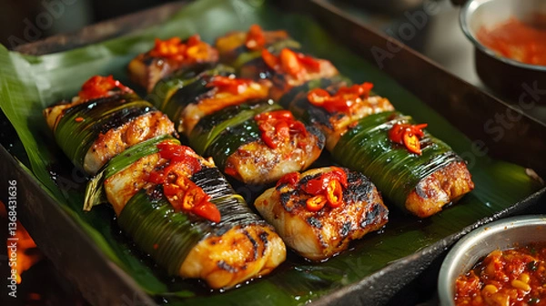 Fototapeta Colorful traditional wraps with vibrant peppers and herbs, served on banana leaves, perfect for a festive culinary spread.