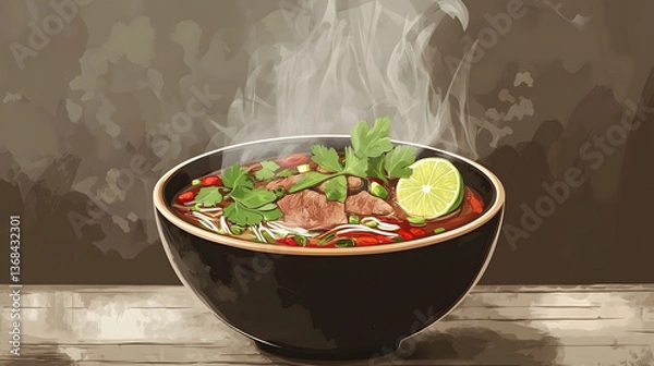 Fototapeta Steaming bowl of vibrant soup, fresh herbs and lime slices, rustic kitchen setting, perfect for culinary posts.