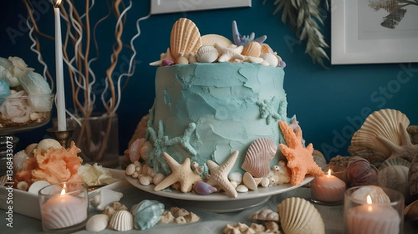 Fototapeta Elegant ocean-themed cake display, intricate sea shell decorations, vibrant turquoise hues, perfect for beach parties or summer celebrations.