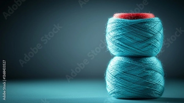 Obraz Teal thread spools stacked. Blue, teal colors and soft lighting. Crafting and sewing concept