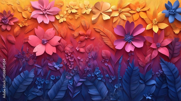 Fototapeta Beautifully crafted paper art showcasing nature's elements, including intricate paper flowers, trees, and animals, brought to life with delicate layers and vibrant colors. The art evokes a sense 