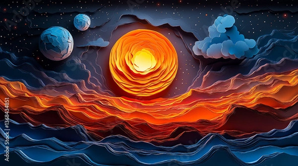 Fototapeta Beautifully crafted paper art showcasing nature's elements, including intricate paper flowers, trees, and animals, brought to life with delicate layers and vibrant colors. The art evokes a sense 