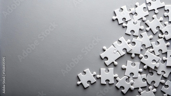Fototapeta Blank White Puzzle Pieces on Grey Background Flat Lay