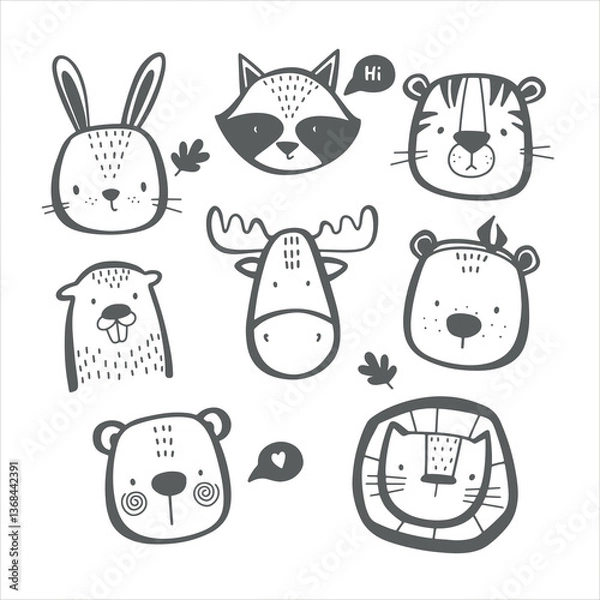 Fototapeta Сute animal faces in scandinavian style vector illustration on white background