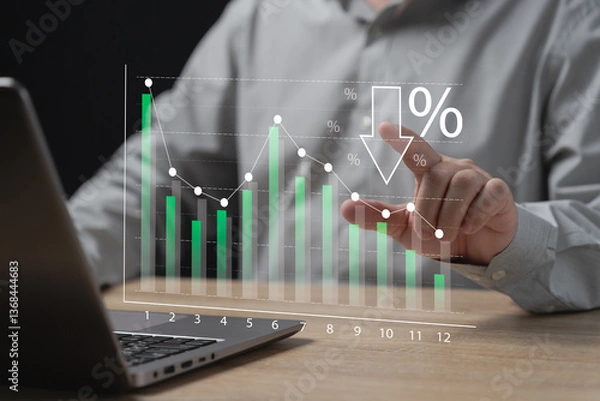 Fototapeta Business work cost reduction concept, Businessman show target graph comparing cost reduction, Long-term planning marketing, Creating Profit and Success, Competitive advantage, Money management