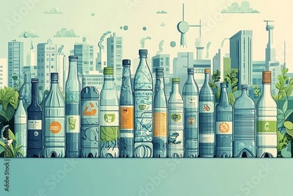 Fototapeta Illustrated guide to the life cycle of a plastic bottle, from production to recycling, designed for clear understanding