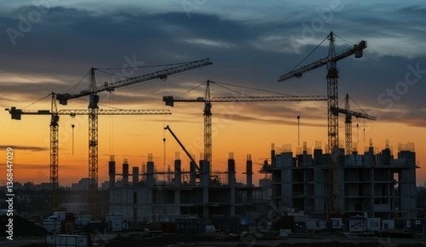 Obraz Construction site with cranes at sunset showcasing urban development and industrial progress.