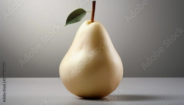 Fototapeta Golden Pear: A single, perfectly ripe pear, adorned with a vibrant green leaf, sits elegantly against a smooth gradient background, representing simplicity and freshness.