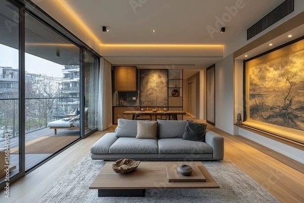 Fototapeta Modern apartment with grey sofa, Chinese hanging scroll, minimalist dining area, white walls, and simple art.