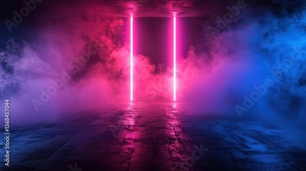 Fototapeta Background of an empty room with smoke and neon light. Dark abstract background.