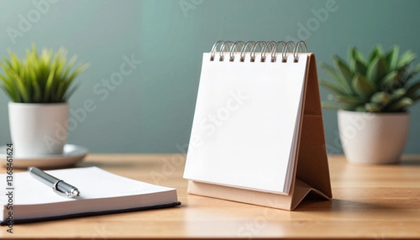 Fototapeta Desk Calendar Mockup displaying blank pages on wooden table  