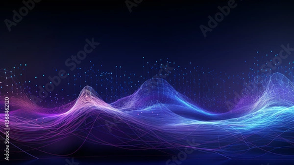 Fototapeta A tech wallpaper featuring particles indicating data flow, with a blue background and purple wave curve.

