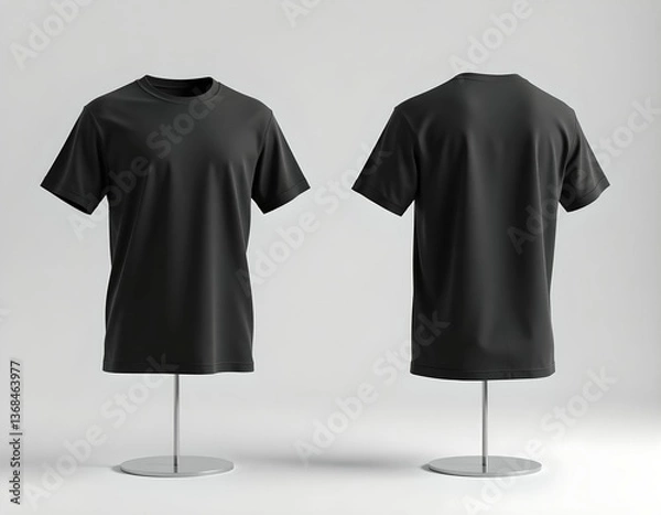 Fototapeta Black T-shirt mockup on stand, front and back view, isolated on white background, generative AI