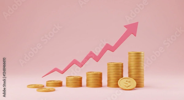 Fototapeta Golden coins stacking upward showing growth and financial success with a pink upward arrow on a soft pink background.