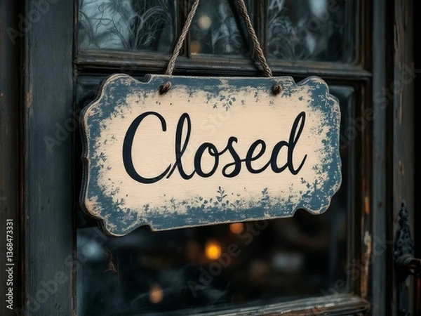 Obraz Rustic vintage-style "Closed" sign suspended on a weathered glass door, capturing the charm and quaint atmosphere of a cozy establishment in a serene settingsample.jpeg