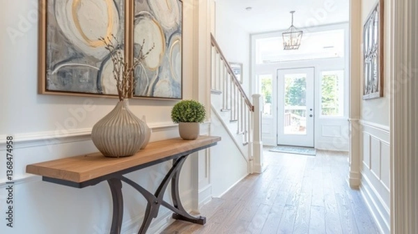 Fototapeta Elegant foyer design featuring console table art and natural light showcasing upscale home interior