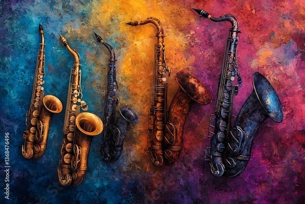 Obraz Jazz instruments forming a vibrant, abstract pattern on a textured background, creating a bold and artistic design