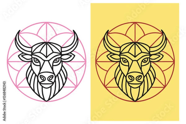 Fototapeta Geometric Bull Head Art with Circle Mandala Background on Colored Backdrop