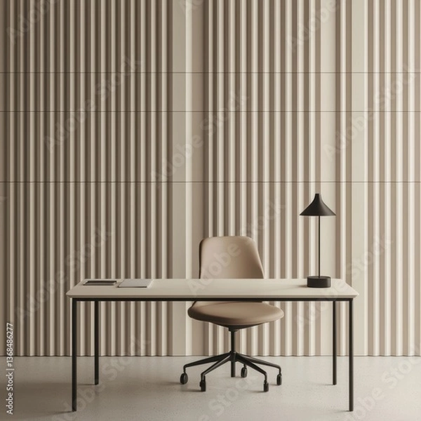 Fototapeta A minimalist workspace featuring a sleek desk, an ergonomic chair, and a stylish lamp against a textured, neutral wall.
