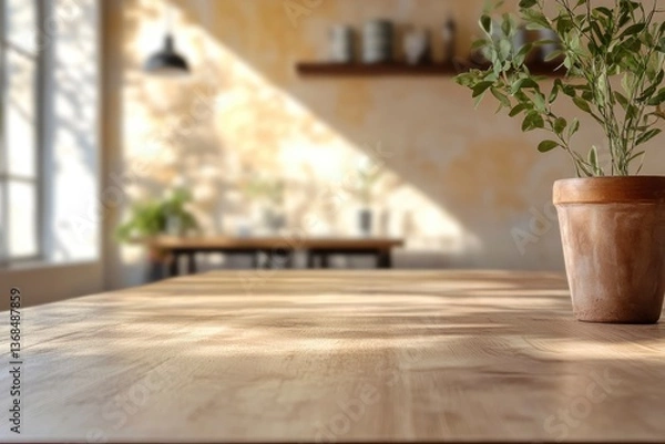 Fototapeta Empty Wooden Table with Plant in Pot for Product Mockup Display