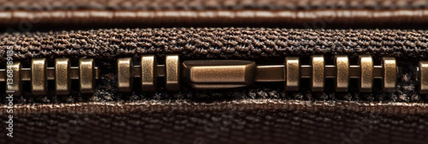 Fototapeta Detailed Close-Up View of a Precision-Engineered Zipper with Metallic Teeth and Smooth Pull Tab