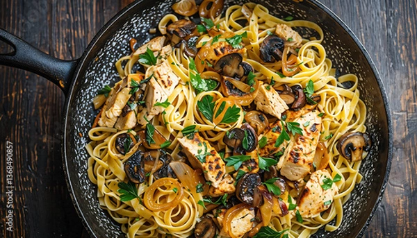 Fototapeta Pasta linguine with fried chicken liver, top view dish