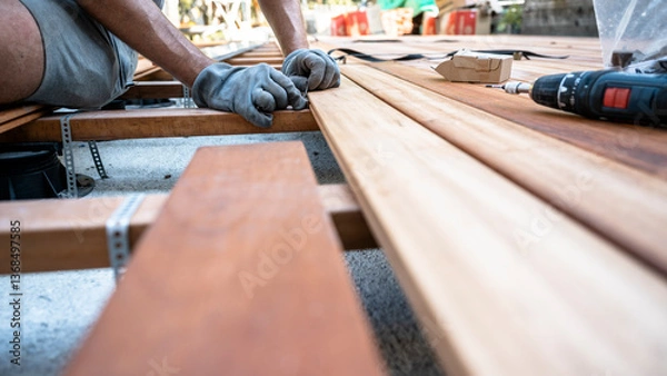 Fototapeta Installing wooden deck boards with hidden fasteners