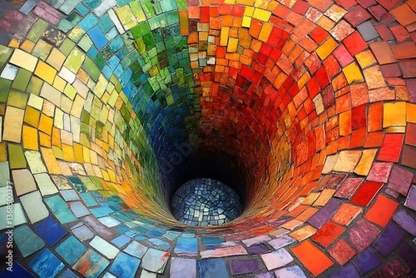 Fototapeta Mosaic funnel with tiny colorful tiles coming together into a unified whole, symbolizing diversity and unity