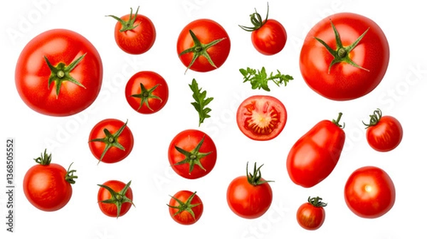 Fototapeta Variety of Fresh Tomatoes on Black Background, cut out transparent