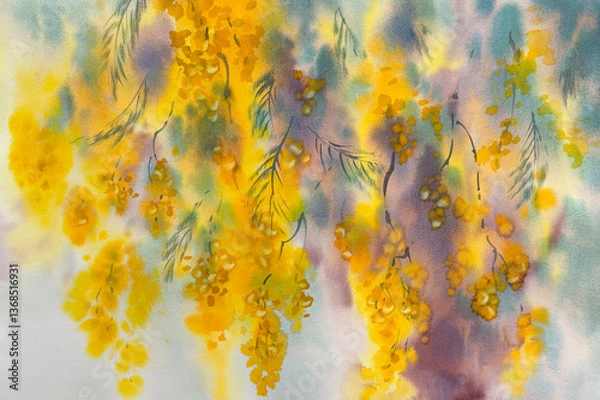 Obraz Mimosa flower branches in colorful watercolor background