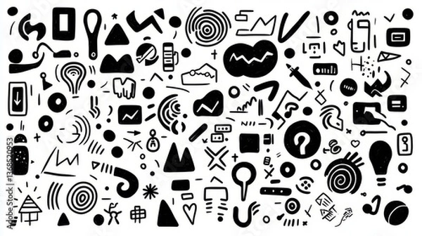 Fototapeta A creative collage of various abstract black-and-white shapes and symbols.