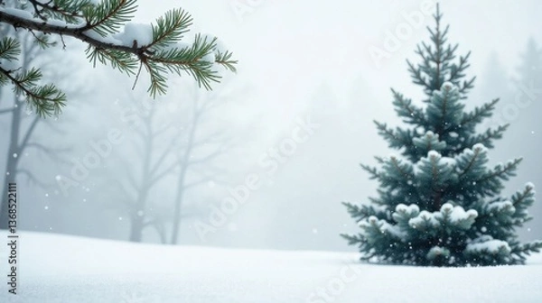 Obraz Serene Winter Scene Snow-Dusted Pine Branch and Evergreen Tree in a Misty Forest