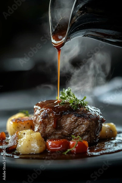 Obraz A hot filet mignon is topped with a glossy brown sauce and garnished with herbs, surrounded by vegetables on a dark plate.
