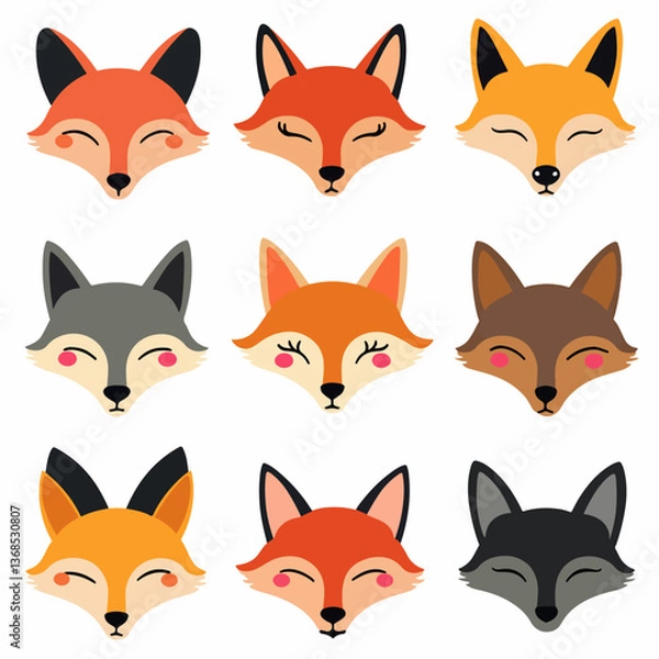 Fototapeta Set of fox, Cute fox character. A set of cute cartoon animals with fur and tails
