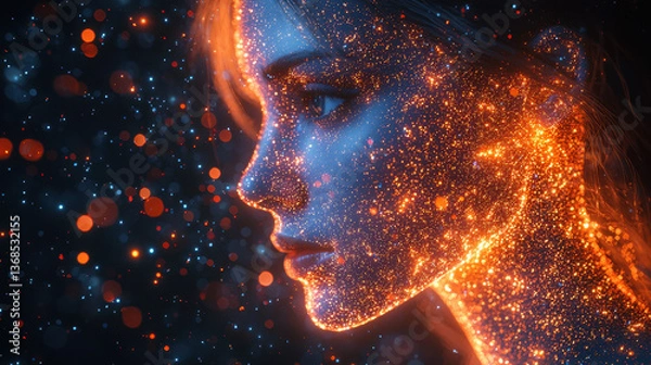 Fototapeta Human silhouette dissolving into quantum particles illustrating consciousness's link to quantum mechanics