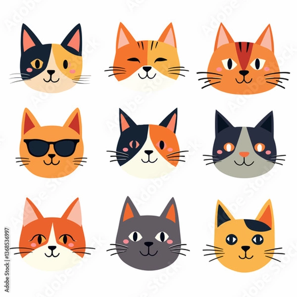 Fototapeta Cats are cartoon and flat colorful, good-natured, in different colors, unusual faces, various poses set. Playful kittens, home pets. Bright butterflies fly around. Vector illustration	