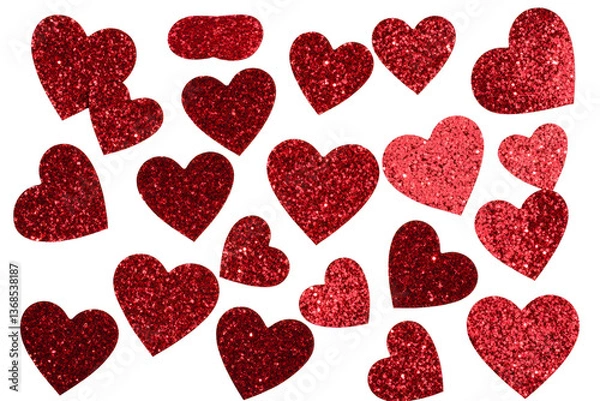 Fototapeta Red glitter hearts scattered on a transparent background