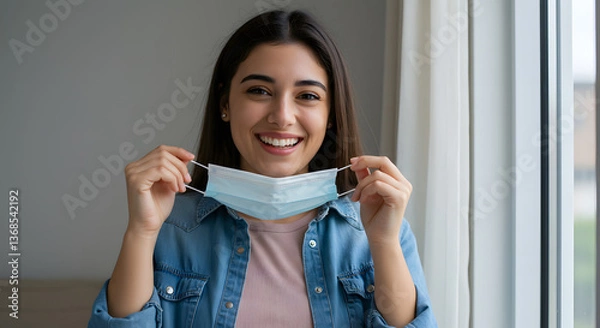 Fototapeta Smiling Young Woman Removing Face Mask Indoors with Hopeful Expression