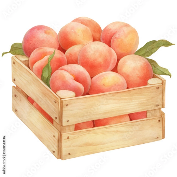 Obraz A wooden crate filled with ripe peaches, showcasing their soft, fuzzy skin and vibrant coloration.