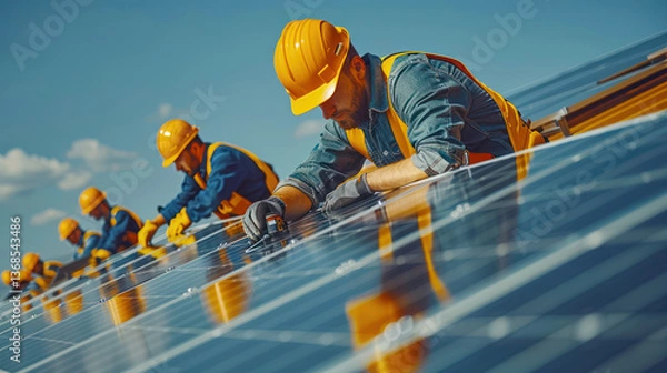 Fototapeta Solar panel installation workers in hard hats focus on their tasks under clear blue sky. teamwork and dedication highlight importance of renewable energy