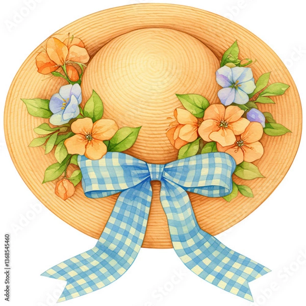 Obraz A decorative straw hat adorned with colorful flowers and a blue checkered ribbon.