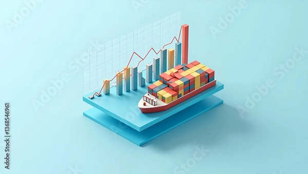 Fototapeta 3D Flat Icon of a Container Ship with Budget Analysis Chart: Visualizing Shipping Cost Analysis and Financial Management on a Clean White Background