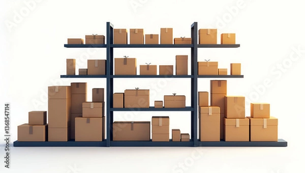 Obraz 3D Flat Icon: Silhouette of Stock Shelf & Turnover Report Symbolizing Stock Rotation - Double Exposure Design with Ample Copy Space on Isolated White Background