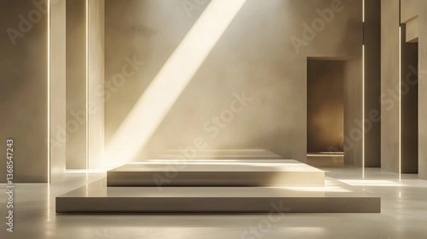 Fototapeta A podium with a mirror finish and sharp, clean lines, surrounded by soft, ambient light in a high-end gallery.